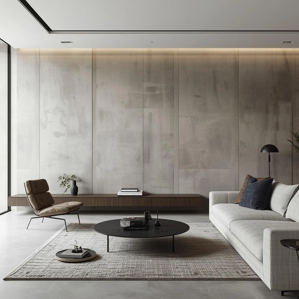 necesito la foto de un living de lujo minimalista con paredes revestidas con microcemento (1)