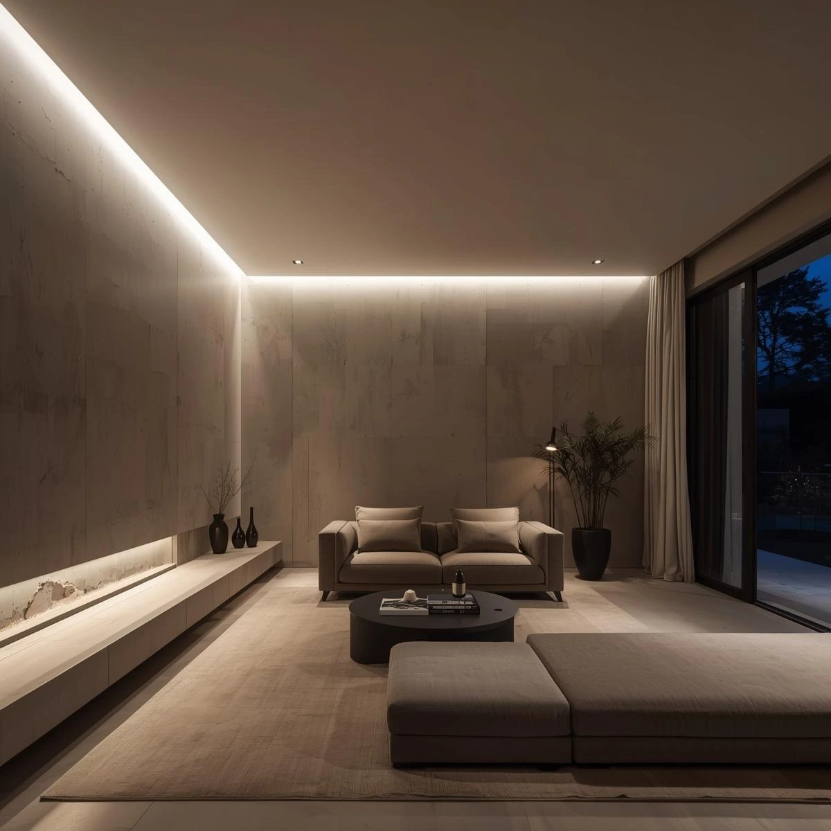 necesito la foto de un living de lujo minimalista con paredes revestidas con microcemento de noche (1)