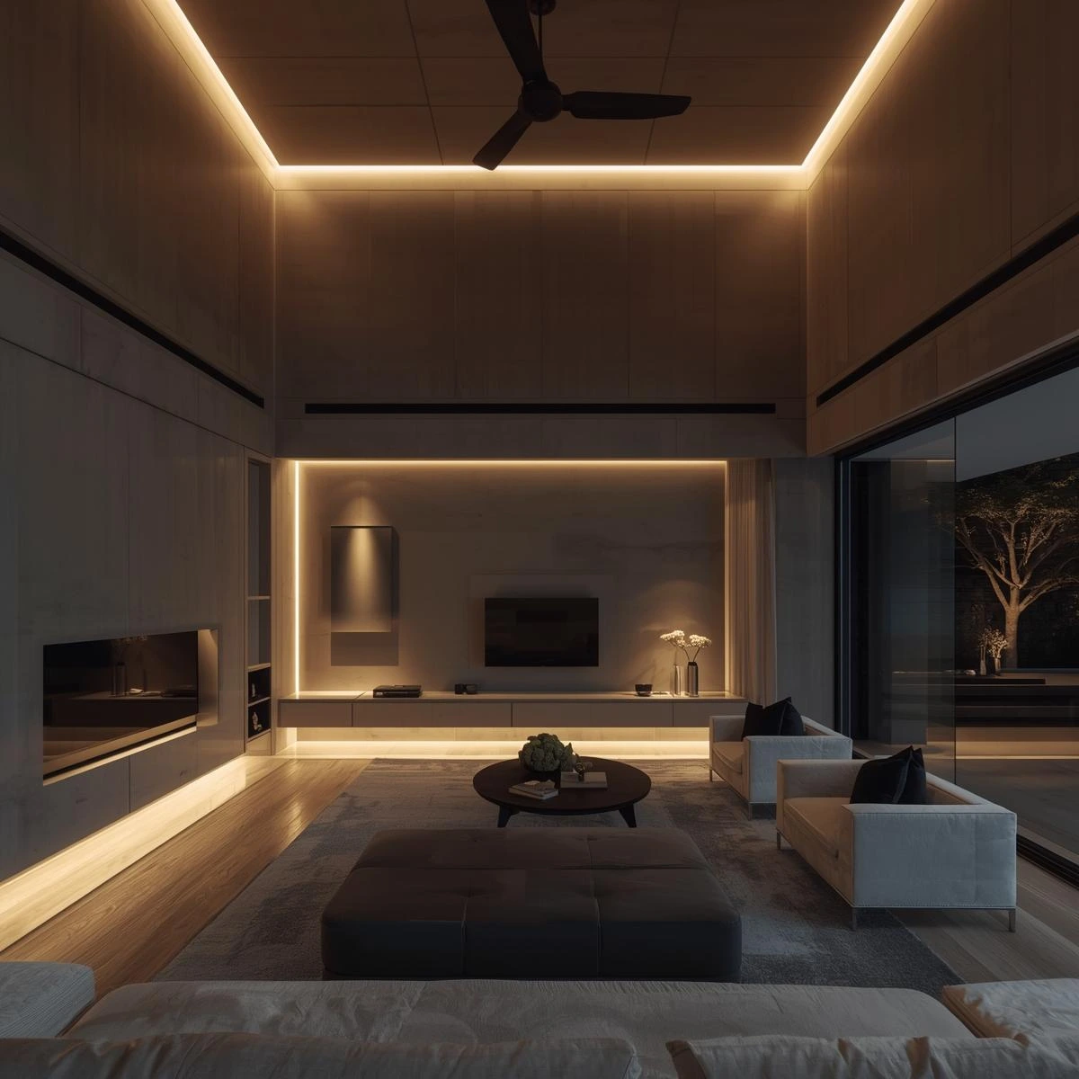 necesito la foto de un living de lujo minimalista con paredes revestidas con microcemento de noche