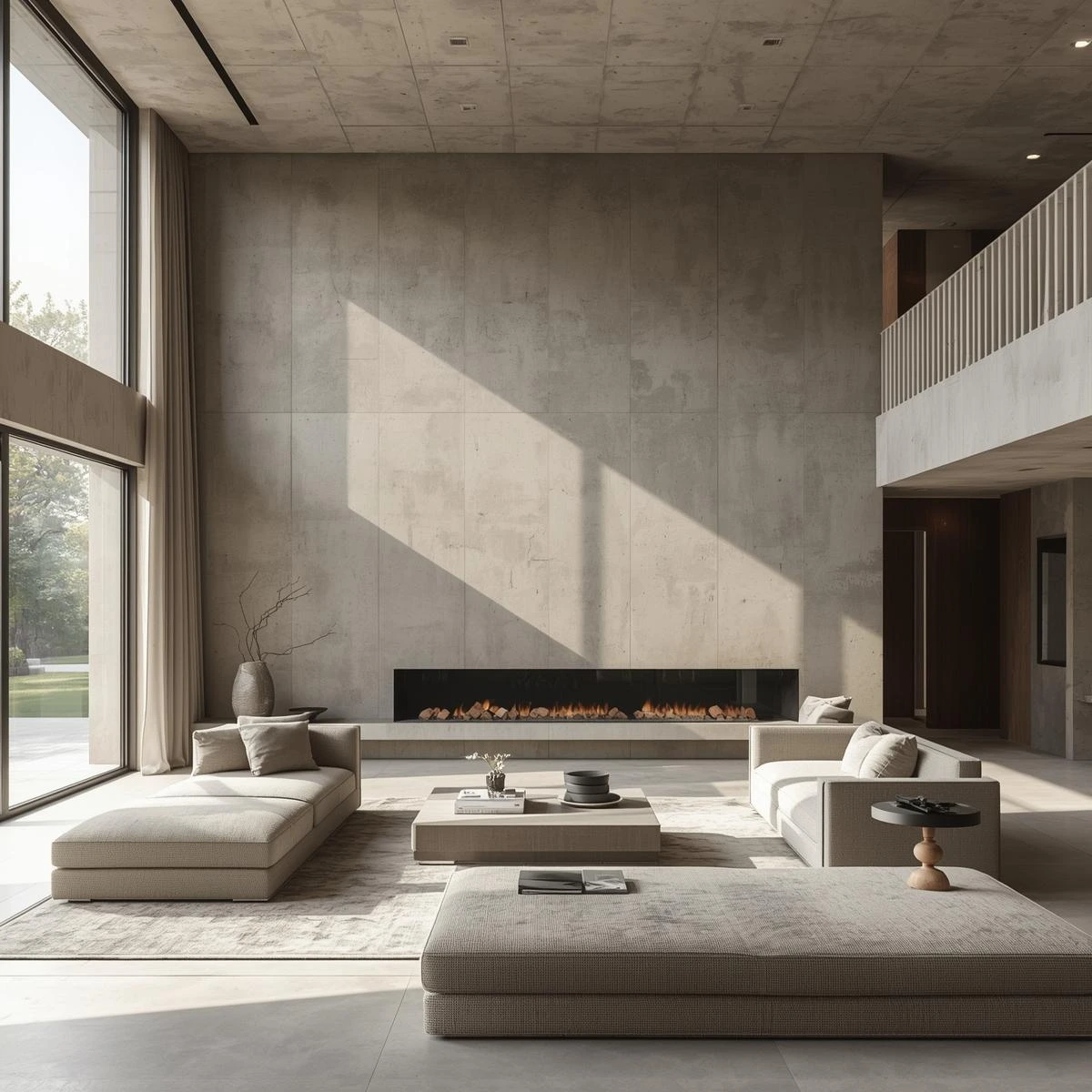 necesito la foto de un living de lujo minimalista con ventanales con paredes revestidas con microcemento