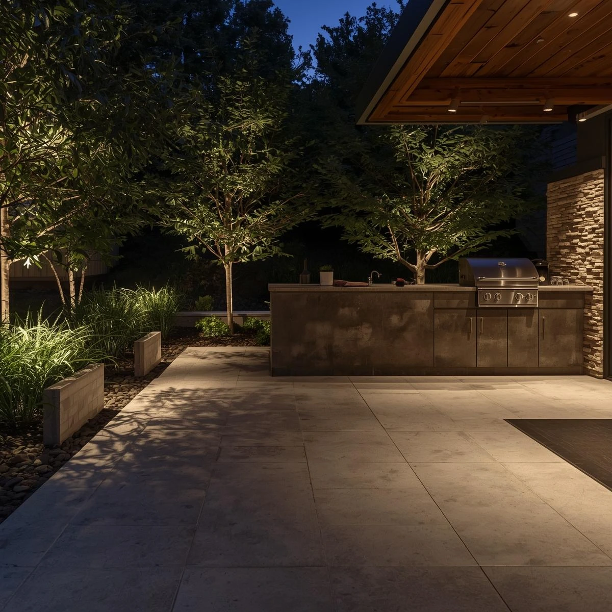 necesito la foto de un sector de BBQ con piso de microcemento, en un jardin de noche