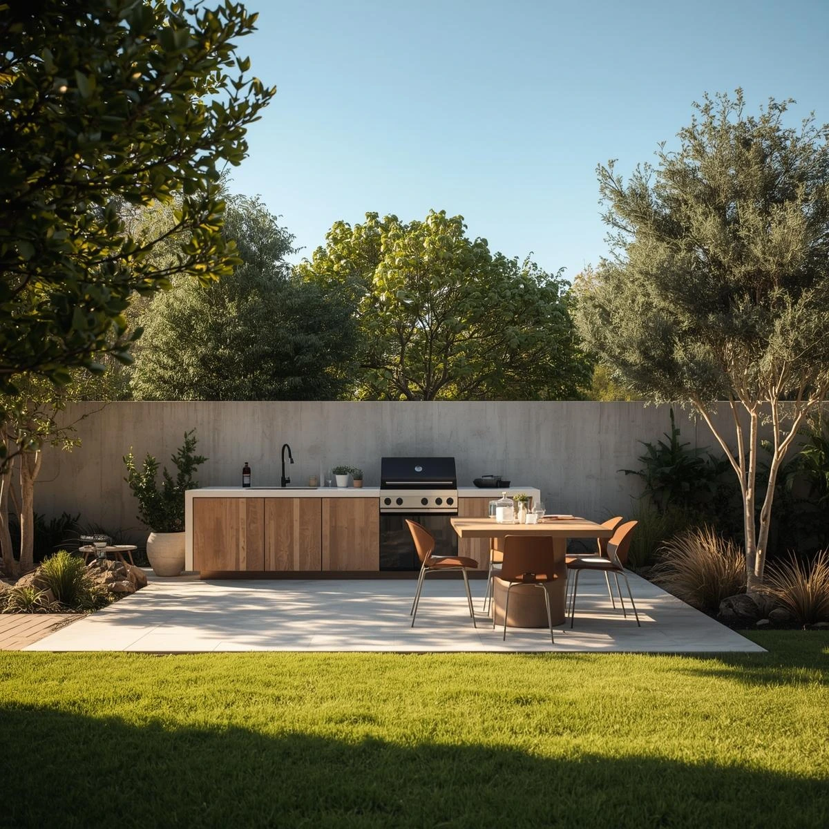 necesito la foto de una BBQ, en un jardin, de dia, minimalista y lujo (1)