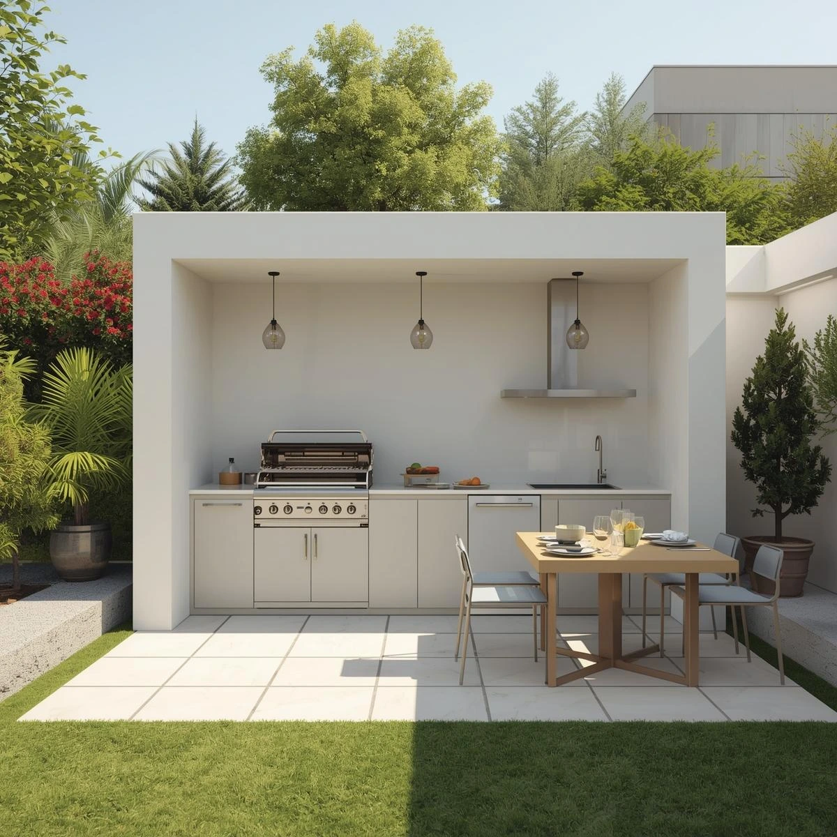 necesito la foto de una BBQ, en un jardin, de dia, minimalista y lujo