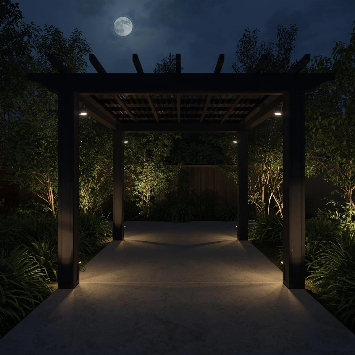 necesito la foto de una pergola con piso de microcemento, en un jardin de noche