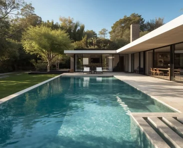 necesito la foto de una piscina de lujo, con borde de microcemento, en una casa de lujo